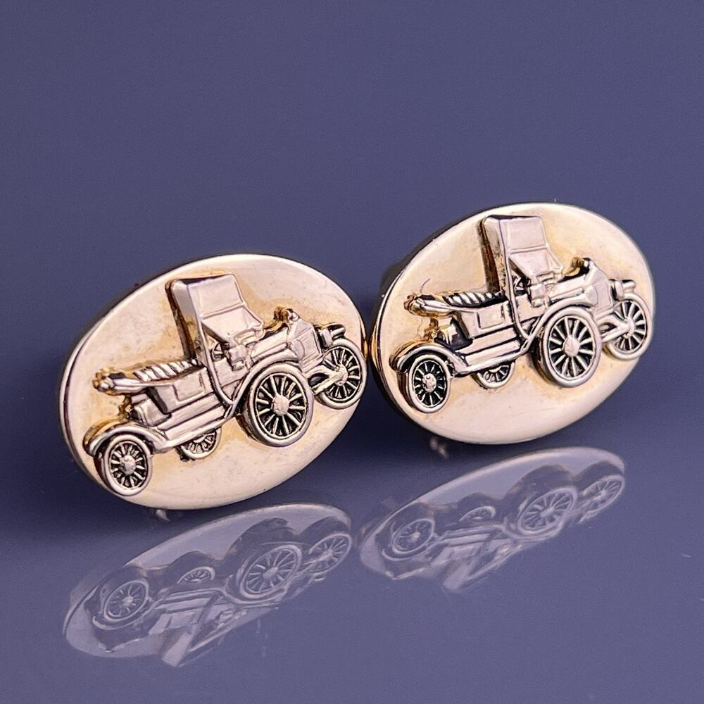 Antique Car Buggy Cufflinks Gold Tone Convertible Oval Balfour Vintage